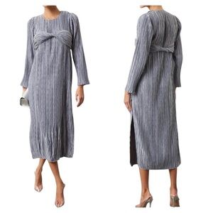 Marina Moscone Metallic Plissé Twist Midi Dress Silver Blue Size 0 NWT